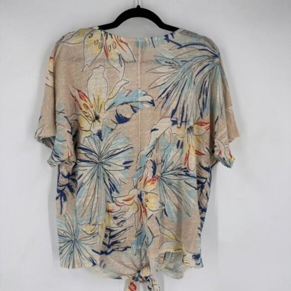 Chico's Women's Linen Blend Tropical Print Tie Front V-Neck Top Tan Blue Sz 3 XL - Picture 2 of 8